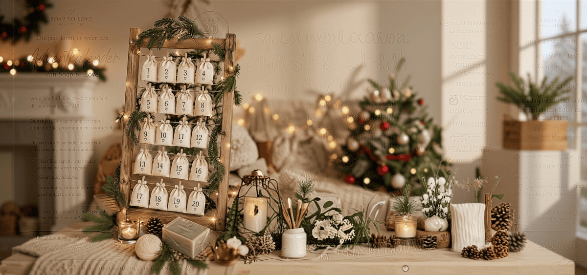 AI-sfeerimpressie van de Soap to Love adventkalender met jute zakjes aan een houten frame